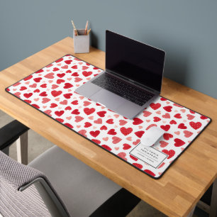 Watercolor Patchwork Red Hearts Pattern Desk Mat