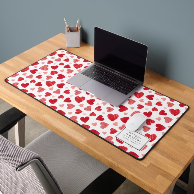 Watercolor Patchwork Red Hearts Pattern Desk Mat (Office 2)