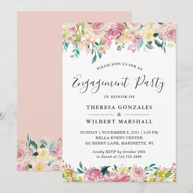 Watercolor Patel Blush Floral Engagement Party Invitation (Front/Back)
