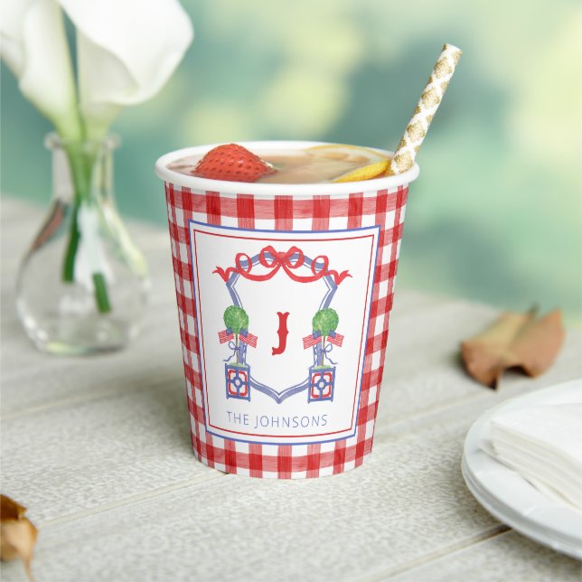 Watercolor Patriotic American Flag Topiary Crest Paper Cups (Insitu)