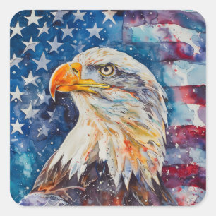 Watercolor Patriotic Bald Eagle American flag Square Sticker