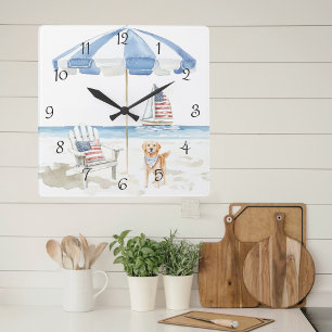 Watercolor Patriotic Beach Scene Summer Wall Clock