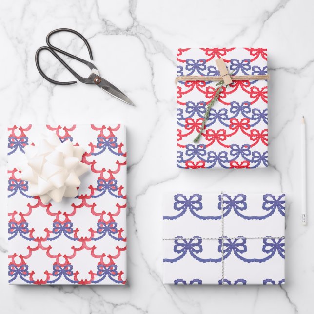 Watercolor Patriotic Bows Wrapping Paper Sheet (Front)