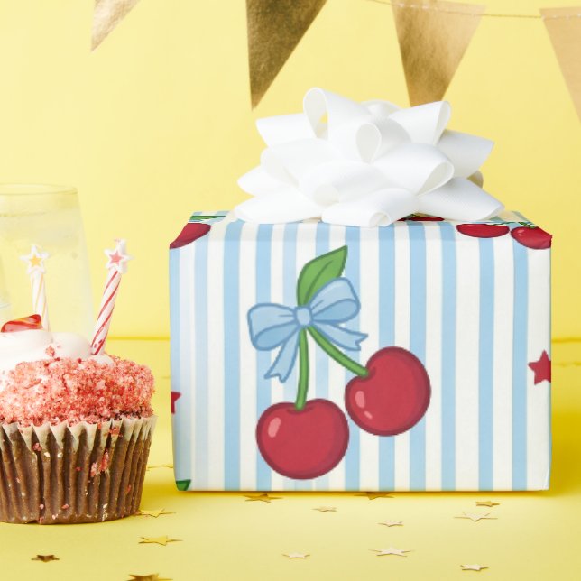 Watercolor Patriotic Cherry Pattern Wrapping Paper (Birthday Party)