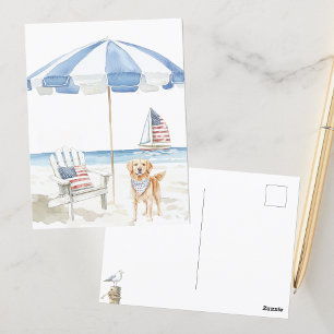 Watercolor Patriotic Dog Americana Beach Scene Postcard