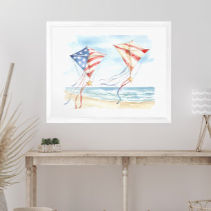 Watercolor Patriotic Stars Stripes Kites Coastal Poster