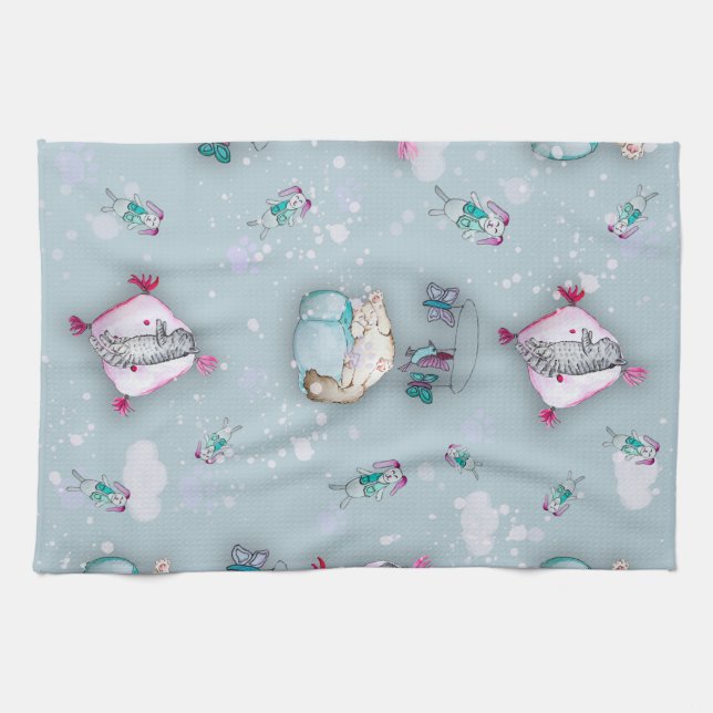 Watercolor pattern cute sleeping kittens and their tea towel (Horizontal)