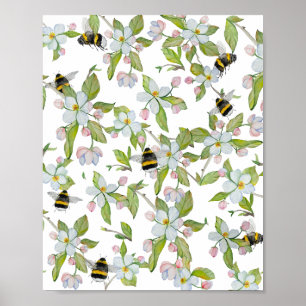 Watercolor pattern garden blooms and bumblebees poster