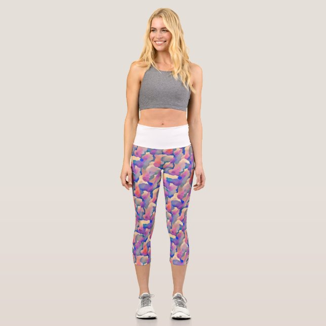 Watercolor Pattern High Waisted Capri Leggings (Front)