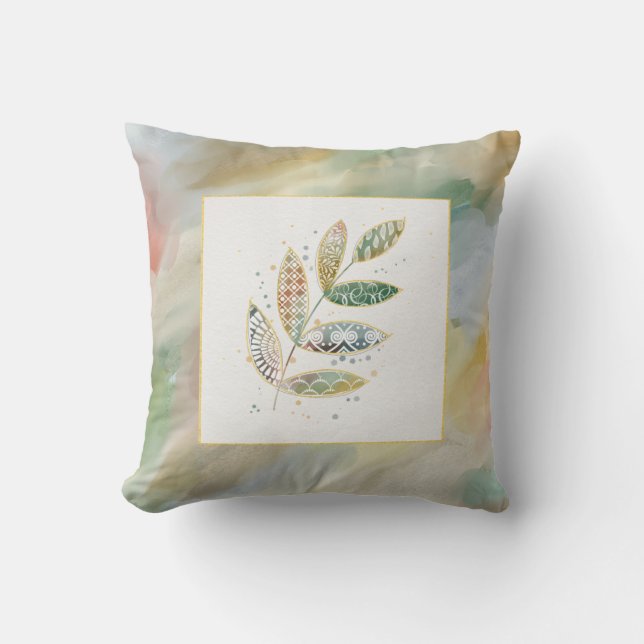 Watercolor Pattern Leaves Monogram Cushion (Front)