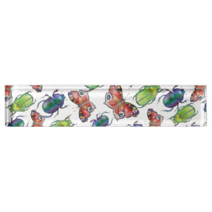 Watercolor pattern of beetles and butterflies nameplate