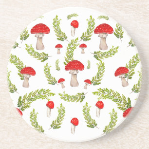 Watercolor pattern of fly agarics and fern coaster