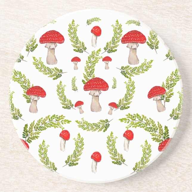 Watercolor pattern of fly agarics and fern coaster (Front)
