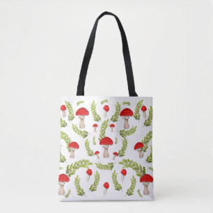 Watercolor pattern of fly agarics and fern tote bag