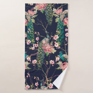 watercolor pattern peacock on a tree cherry,flower bath towel