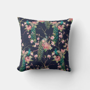 watercolor pattern peacock on a tree cherry,flower cushion