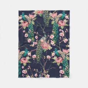 watercolor pattern peacock on a tree cherry,flower fleece blanket