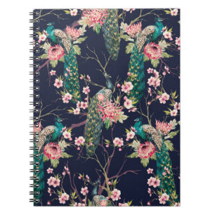 watercolor pattern peacock on a tree cherry,flower notebook