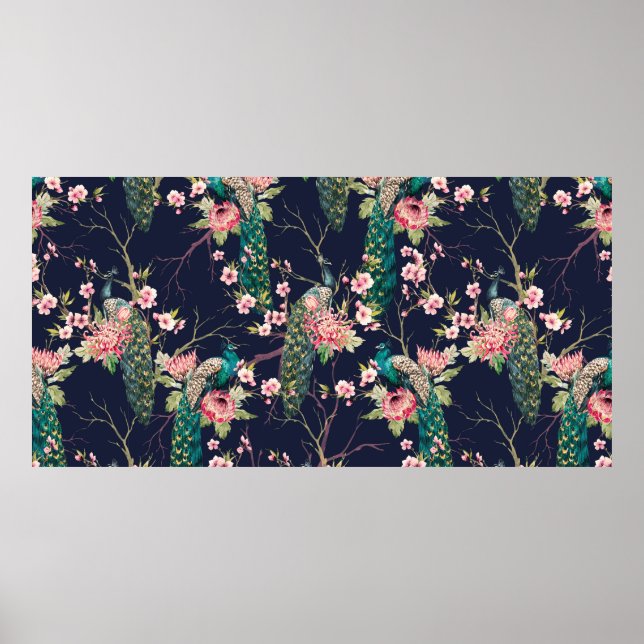 watercolor pattern peacock on a tree cherry,flower poster (Front)