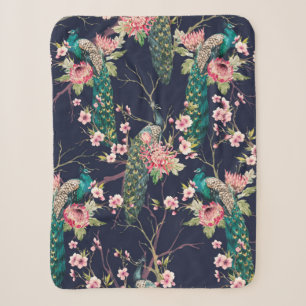 watercolor pattern peacock on a tree cherry,flower sherpa blanket