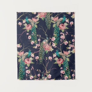 watercolor pattern peacock on a tree cherry,flower tapestry