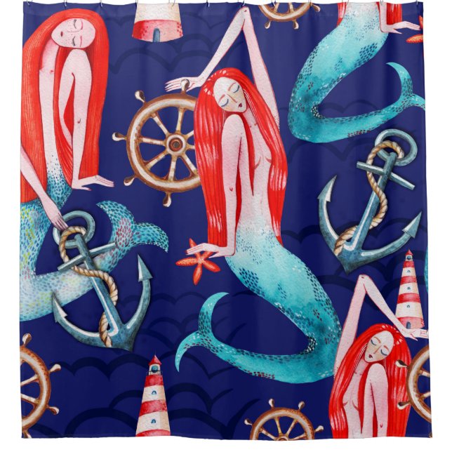 Watercolor pattern sea shower curtain (Front)