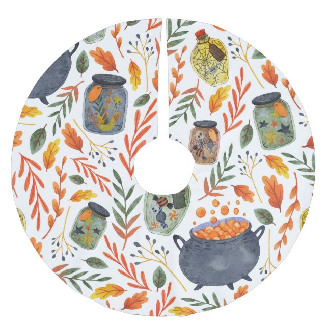 Watercolor Pattern with Autumn Foliage. Brushed Polyester Tree Skirt (Front)