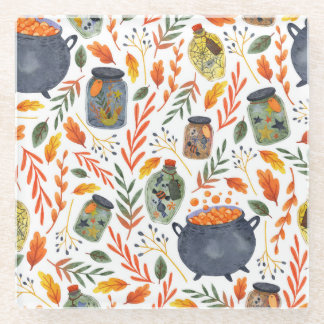 Watercolor Pattern with Autumn Foliage. Glass Coaster