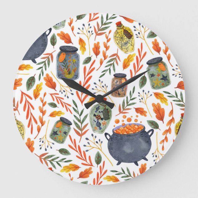 Watercolor Pattern with Autumn Foliage. Large Clock (Front)