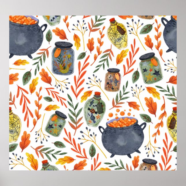 Watercolor Pattern with Autumn Foliage. Poster (Front)
