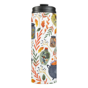 Watercolor Pattern with Autumn Foliage. Thermal Tumbler