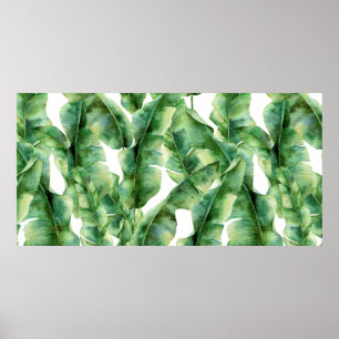 Watercolor pattern with banana palm leaves. Hand p Poster