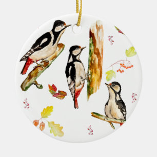 Watercolor pattern with birds woodpecker ceramic ornament
