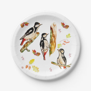 Watercolor pattern with birds woodpecker paper plate
