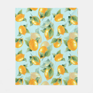 Watercolor pattern with lemons and leaves. Seamles Fleece Blanket