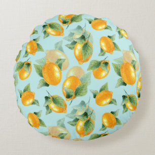 Watercolor pattern with lemons and leaves. Seamles Round Cushion