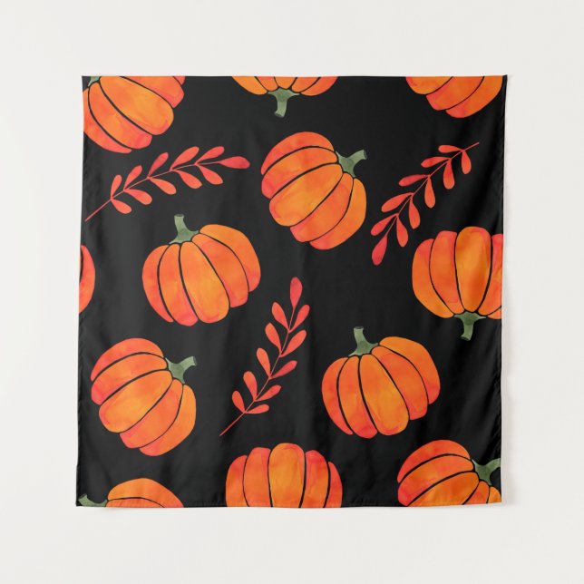 Watercolor pattern with orange pumpkins tapestry (Front)