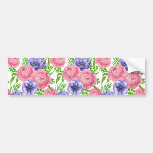 Watercolor pattern with peony and anemone flowers bumper sticker