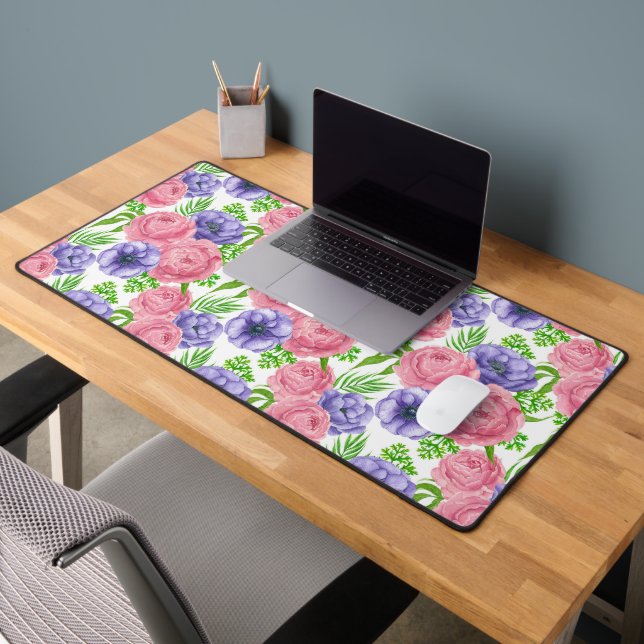 Watercolor pattern with peony and anemone flowers desk mat (Office 2)