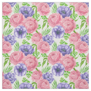 Watercolor pattern with peony and anemone flowers fabric
