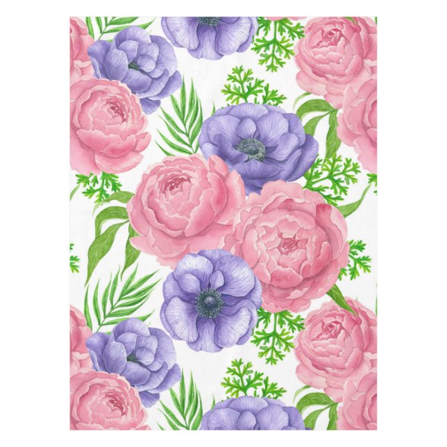 Watercolor pattern with peony and anemone flowers tablecloth (Front)
