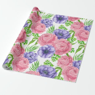 Watercolor pattern with peony and anemone flowers wrapping paper