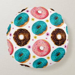 Watercolor pattern with pink, blue and chocolate d round cushion