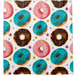 Watercolor pattern with pink, blue and chocolate d shower curtain