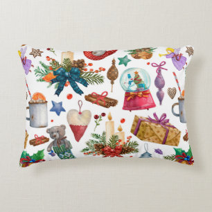 Watercolor Pattern with Vintage Christmas ornament Decorative Cushion