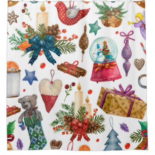 Watercolor Pattern with Vintage Christmas ornament Shower Curtain