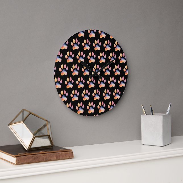 Watercolor Paw Print Background Large Clock (Office)