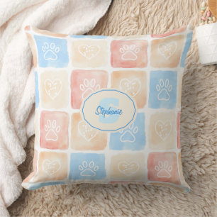 Watercolor Paw Prints & Hearts in Boxes Cushion