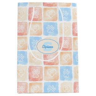 Watercolor Paw Prints & Hearts in Boxes Medium Gift Bag