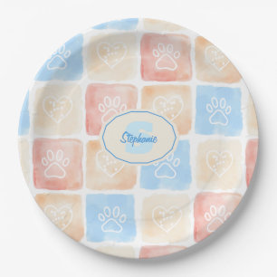 Watercolor Paw Prints & Hearts in Boxes Paper Plate